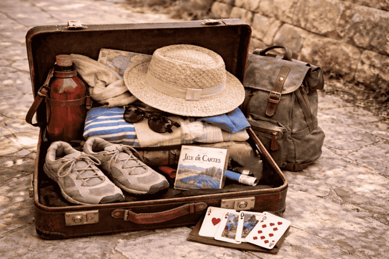 une valise avec des baskets, une groude, un chapeau, un jeu de carte et un sac à dos